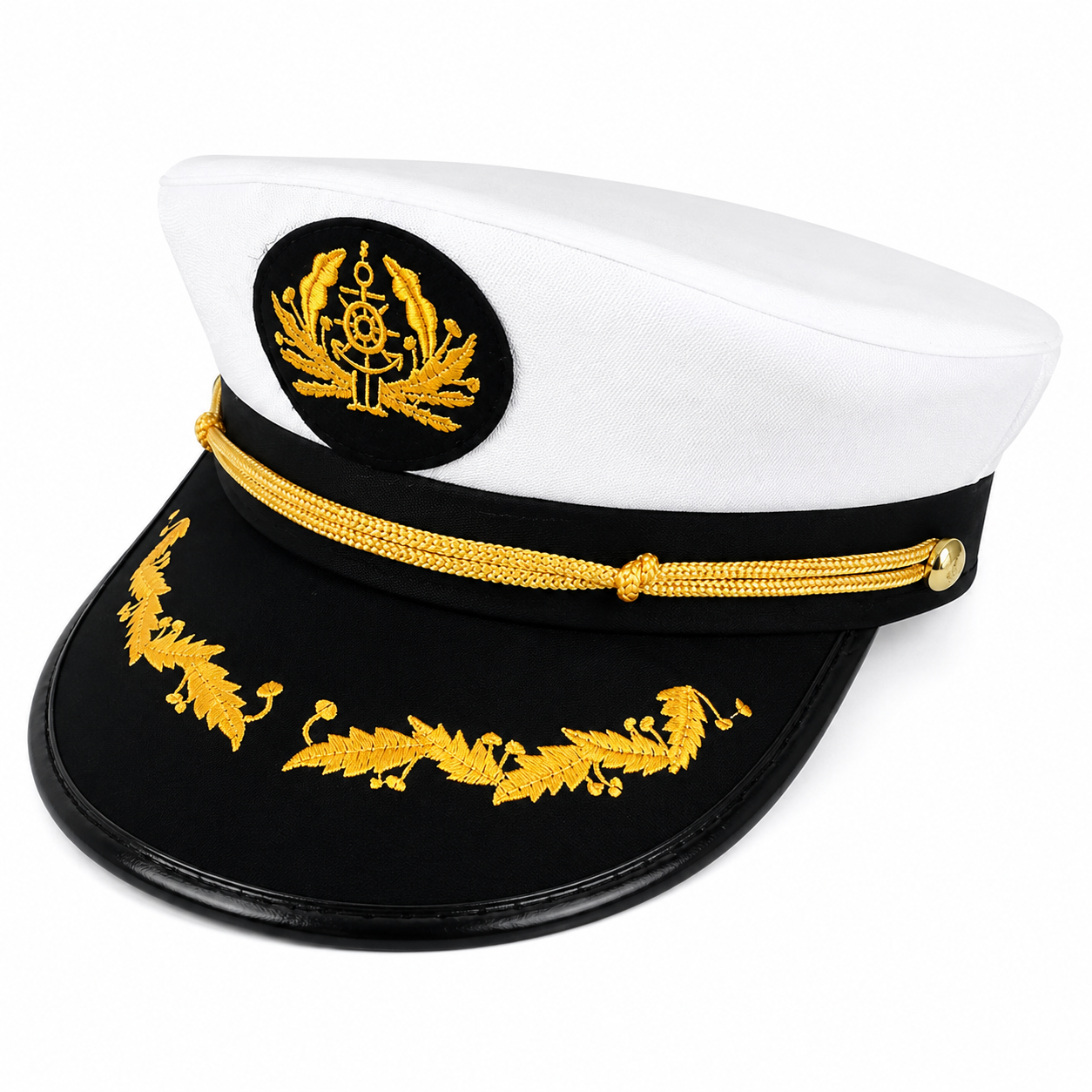 Captainβs Marine Officer Hat β White and Black Nautical Costume Cap with Gold Embroidery
